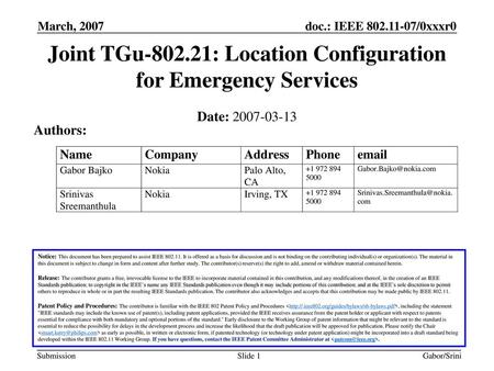 Joint TGu : Location Configuration for Emergency Services