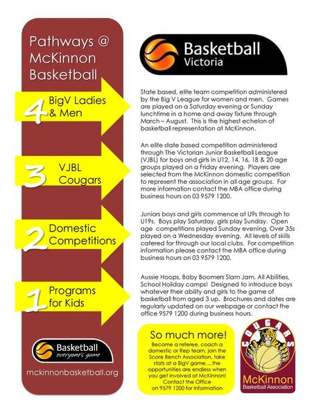 Pathways @ McKinnon Basketball State based, elite team competition administered by the Big V League for women and men. Games are played on a Saturday.