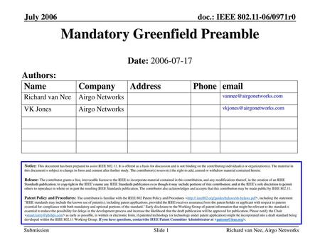 Mandatory Greenfield Preamble
