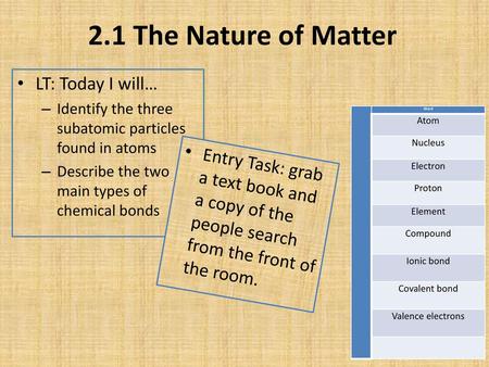 2.1 The Nature of Matter LT: Today I will…