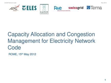 Capacity Allocation and Congestion Management for Electricity Network Code ROME, 15th May 2012.