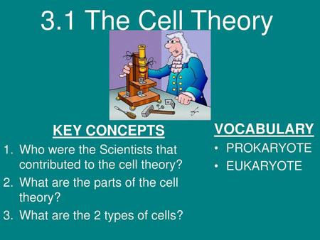 3.1 The Cell Theory VOCABULARY KEY CONCEPTS PROKARYOTE EUKARYOTE