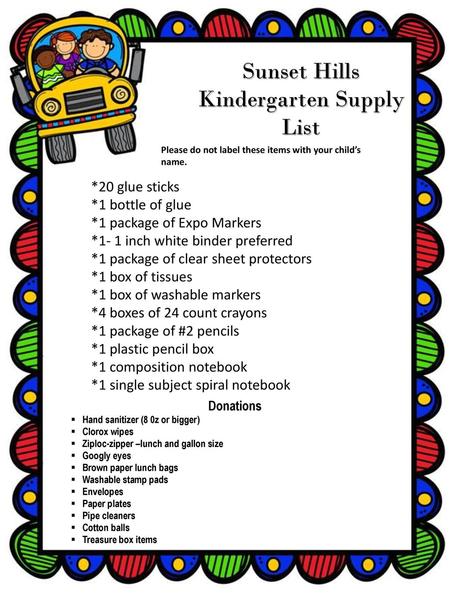 Sunset Hills Kindergarten Supply List