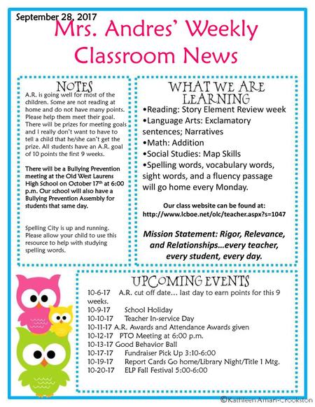 Mrs. Andres’ Weekly Classroom News September 28, 2017