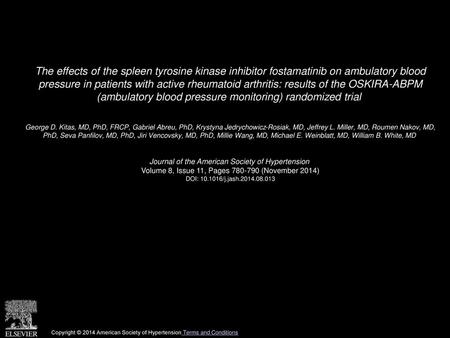 The effects of the spleen tyrosine kinase inhibitor fostamatinib on ambulatory blood pressure in patients with active rheumatoid arthritis: results of.