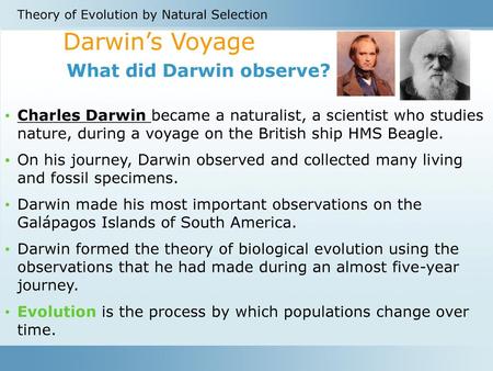 Darwin’s Voyage What did Darwin observe?