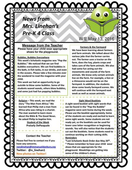 News from Mrs. Linehan’s Pre-K 4 Class W/E May 13, 2016