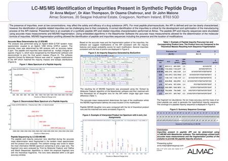 LC-MS/MS Identification of Impurities Present in Synthetic Peptide Drugs Dr Anna Meljon*, Dr Alan Thompson, Dr Osama Chahrour, and Dr John Malone Almac.