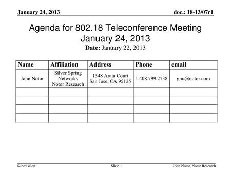 Agenda for Teleconference Meeting January 24, 2013