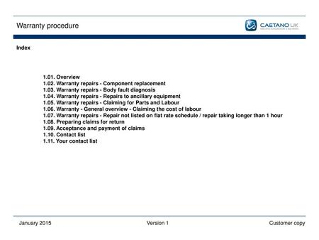 Warranty procedure Index Overview