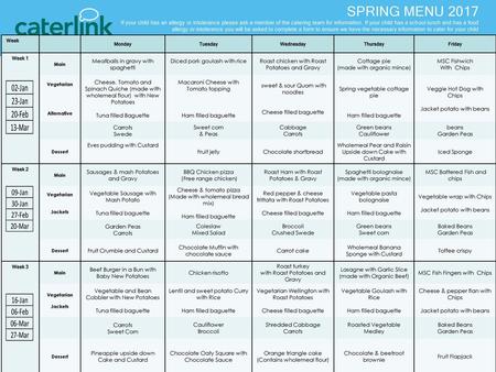 SPRING MENU 2017 If your child has an allergy or intolerance please ask a member of the catering team for information. If your child has a school lunch.