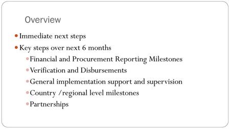 Overview Immediate next steps Key steps over next 6 months