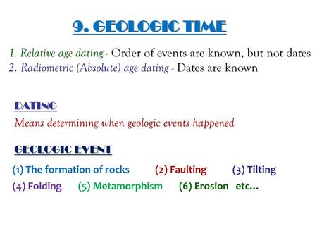 9. GEOLOGIC TIME 1. Relative age dating - Order of events are known, but not dates 2. Radiometric (Absolute) age dating - Dates are known DATING Means.