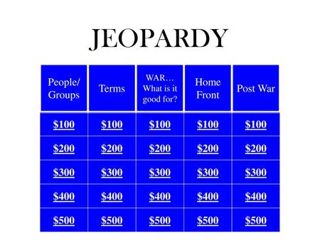 JEOPARDY People/ Groups Terms Home Front Post War $100 $100 $100 $100