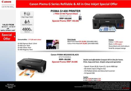Canon Pixma G Series Refilable & All in One Inkjet Special Offer