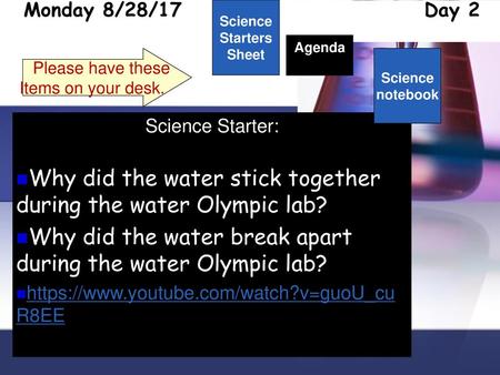 Why did the water stick together during the water Olympic lab?