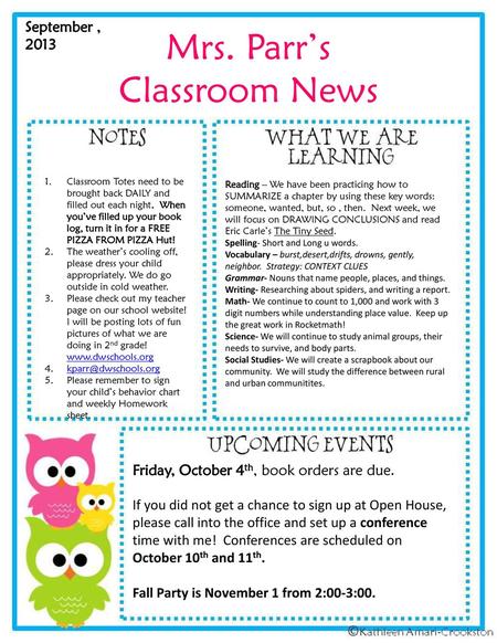 Mrs. Parr’s Classroom News September , 2013