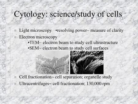Cytology: science/study of cells