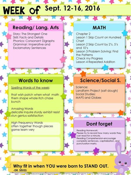 Sept , 2016 Reading/ Lang. Arts MATH Words to know