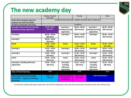 The new academy day Monday, Tuesday & Wednesday   Thursday Friday