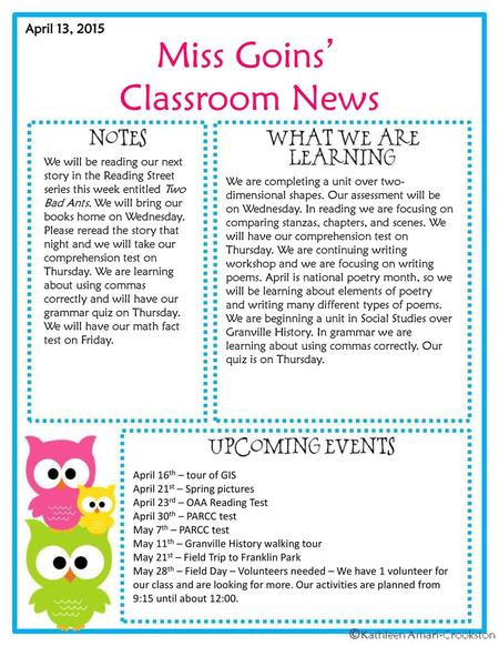 Miss Goins’ Classroom News April 13, 2015