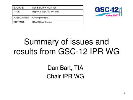 Summary of issues and results from GSC-12 IPR WG