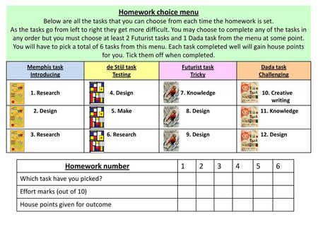 Homework choice menu Homework number