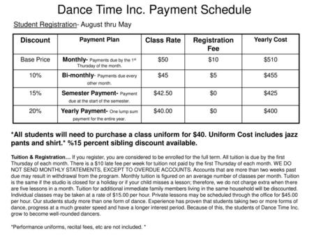 Dance Time Inc. Payment Schedule