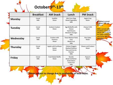 October 9th-13th Breakfast AM Snack Lunch PM Snack Monday Tuesday
