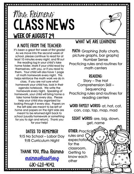 class news Mrs. Reimers’ Week of August 29