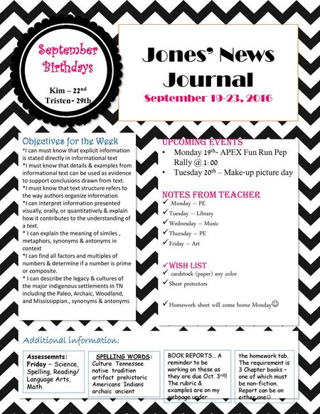 Jones’ News Journal September Birthdays September 19-23, 2016 Reading