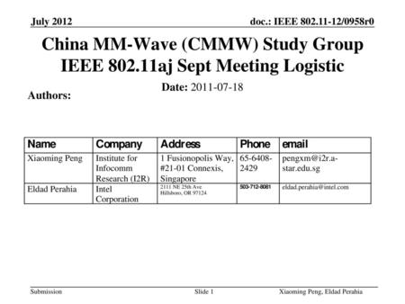 China MM-Wave (CMMW) Study Group IEEE aj Sept Meeting Logistic