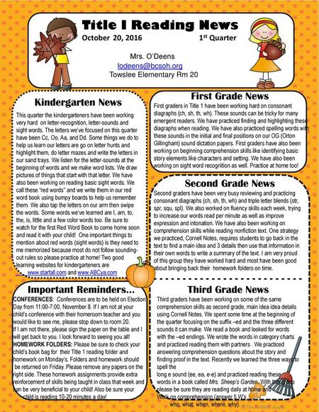 Title I Reading News Mrs. O’Deens First Grade News Kindergarten News