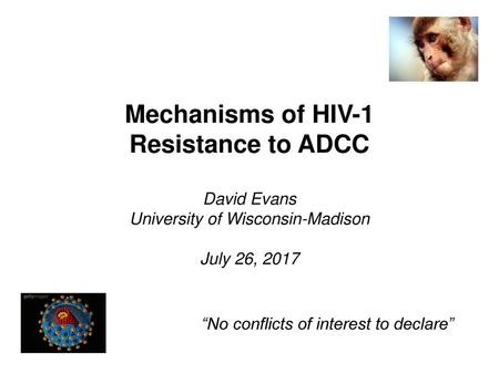 Mechanisms of HIV-1 Resistance to ADCC David Evans University of Wisconsin-Madison July 26, 2017 “No conflicts of interest to declare”