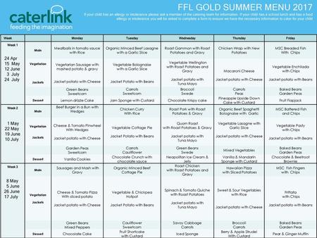 FFL GOLD SUMMER MENU Apr 15 May 12 June 3 July 24 July 1 May