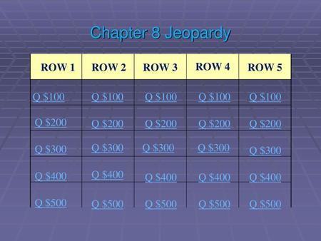 Chapter 8 Jeopardy ROW 1 ROW 2 ROW 3 ROW 4 ROW 5 Q $100 Q $100 Q $100