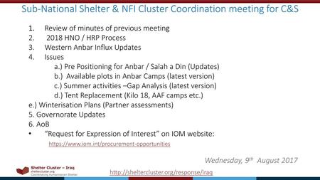 Sub-National Shelter & NFI Cluster Coordination meeting for C&S