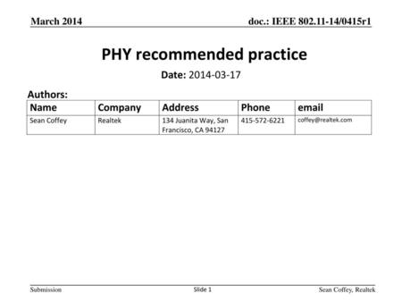 PHY recommended practice