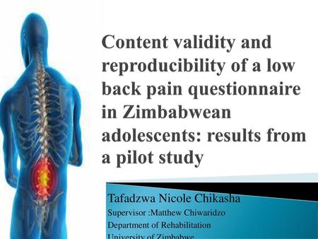 Content validity and reproducibility of a low back pain questionnaire in Zimbabwean adolescents: results from a pilot study Tafadzwa Nicole Chikasha Supervisor.
