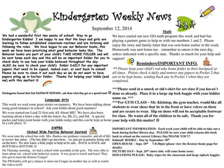 Kindergarten Weekly News September 12, 2014