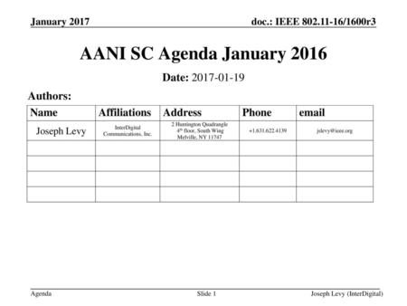 AANI SC Agenda January 2016 Date: Authors: July 2009