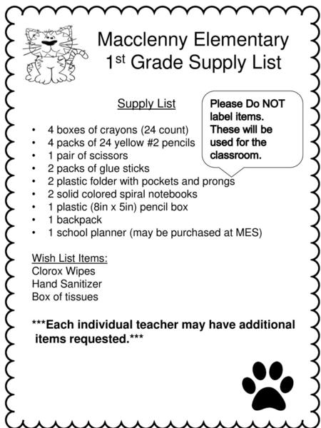 Macclenny Elementary 1st Grade Supply List Supply List