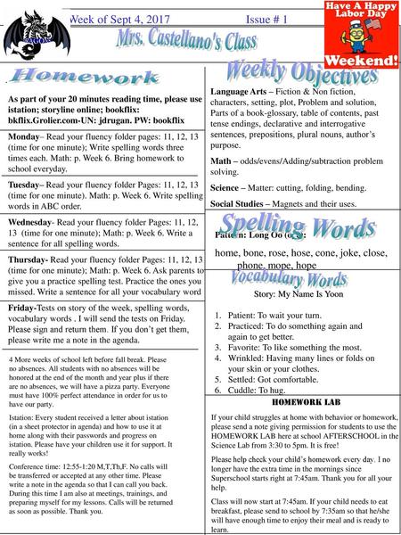 Weekly Objectives Homework Spelling Words