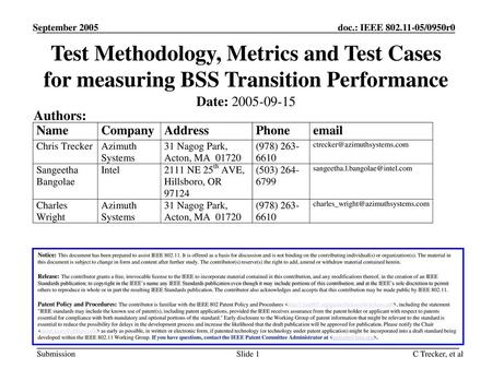 September 2005 Test Methodology, Metrics and Test Cases for measuring BSS Transition Performance Date: 2005-09-15 Authors: Notice: This document has been.