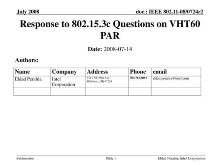Response to c Questions on VHT60 PAR