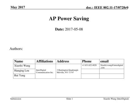 AP Power Saving Date: Authors: May 2017 Month Year