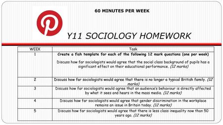 Y11 SOCIOLOGY HOMEWORK 60 MINUTES PER WEEK WEEK Task 1