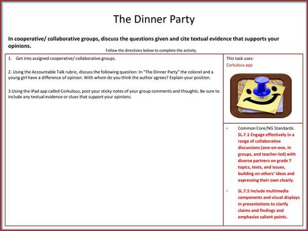 The Dinner Party In cooperative/ collaborative groups, discuss the questions given and cite textual evidence that supports your opinions. Follow the directions.