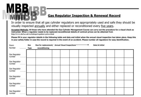 Gas Regulator Inspection & Renewal Record