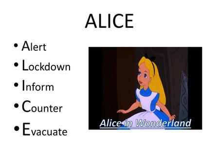 ALICE Alert Lockdown Inform Counter Evacuate Alice in Wonderland.